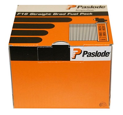 Orange and black box of Paslode 921595 50mm Stainless Steel Brad Fuel Pack (2000 & 2 Fuel Cells) with the Paslode logo, product details, and images of Stainless Steel Brad nails and a fuel cell on the label.