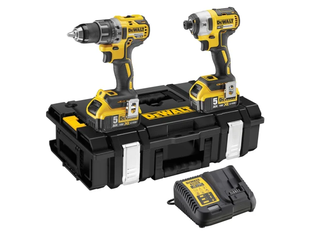 The DeWalt DCK266P2T Twin Pack includes a cordless drill, impact driver, batteries, black tool case, and charger in yellow/black.