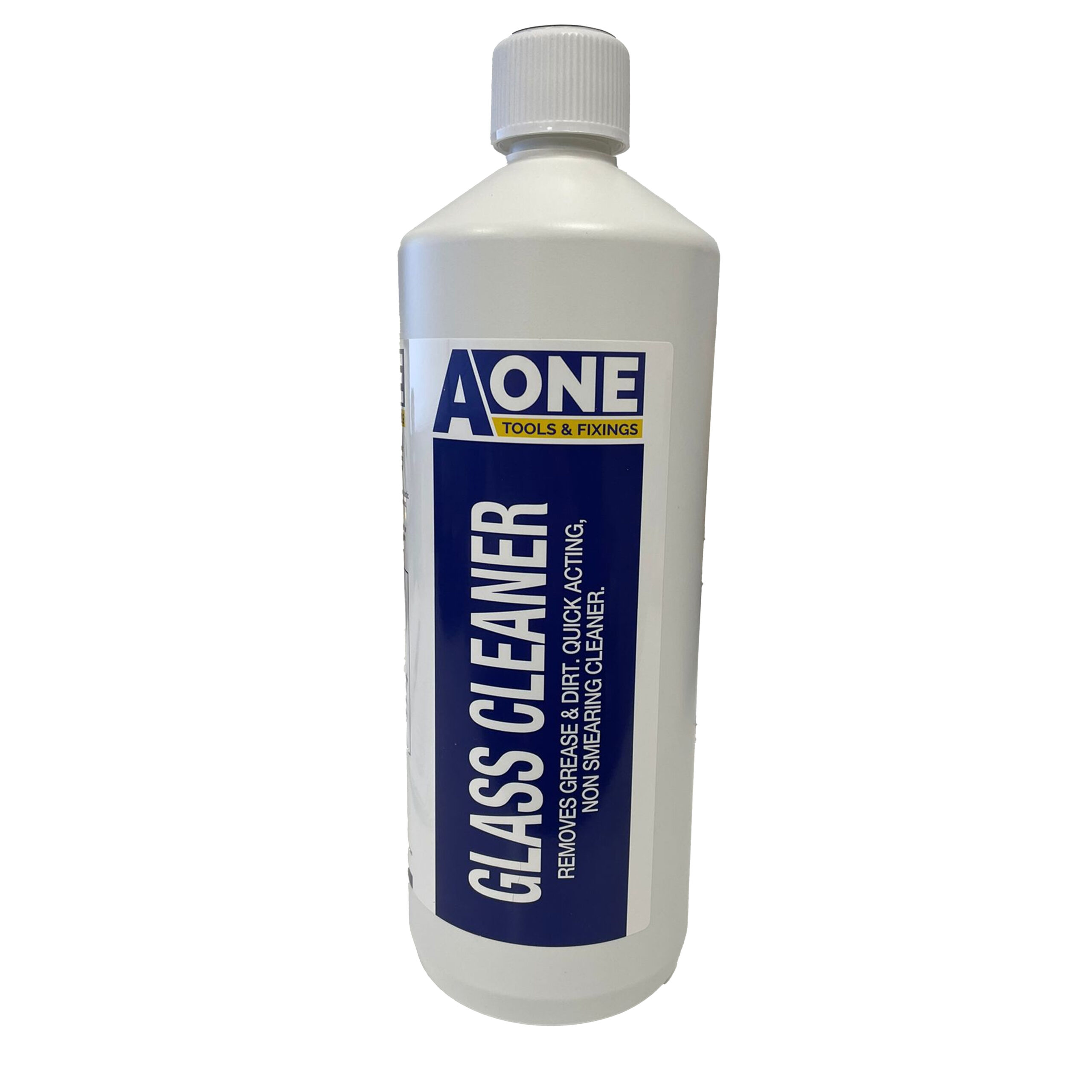 A-One Tools & Fixings UPVC Glass Cleaner in a 1ltr white bottle with screw cap, removes grease and dirt from glass—no smearing.