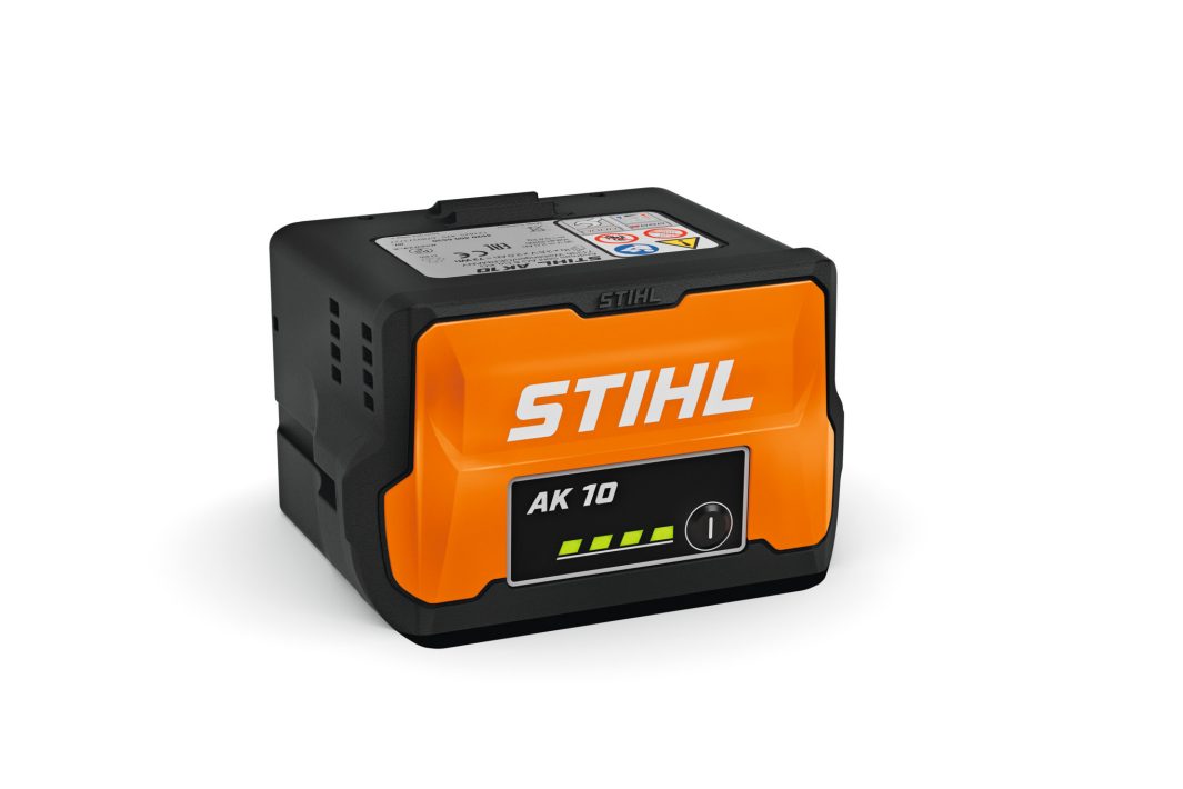 A black and orange Stihl 45204006515 AK 10 Lithium-Ion 72 Wh Battery with a power indicator and label, set against a white background.