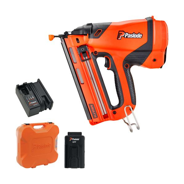 Paslode IM65A F16 2.1Ah Angled Lithium Brad Nailer with black grip, shown with charger, battery, and orange case on white background.
