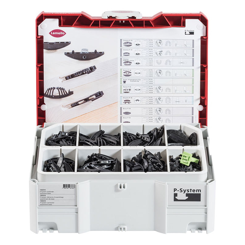 The Lamello 145314 Jubilee P-System Basic Connector Assortment is an open organizer with black and green connectors in sections.