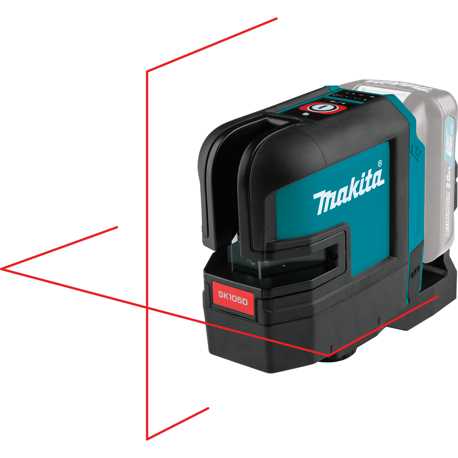 The Makita SK105DZ 12V CXT Self Levelling Red Cross Line Laser Level projects bright red horizontal and vertical laser lines in a cross pattern. This blue and black tool is body only, offering easy integration with your existing Makita batteries.