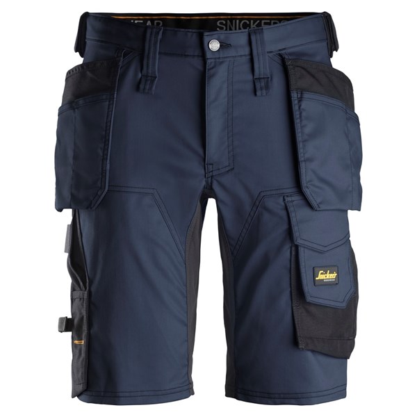 Snickers 6141 AllroundWork Stretch Shorts in black, featuring holster pockets, multiple storage options, tool loops, durable reinforcement patches, and a Snickers Workwear logo on one pocket.