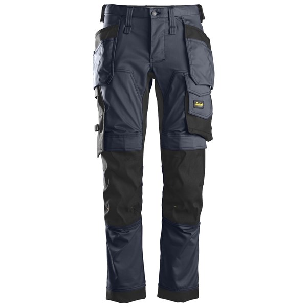 Dark blue and black work pants with multiple pockets, reinforced knees, and tool loops, designed for durability and functionality in construction or manual labor settings.
