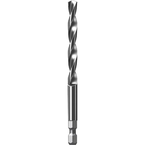 The Bosch 2608900528 Pilot Drill For Expert Power Change Plus features a metallic twist design with a hex shank and spiral flutes for efficient cutting and chip removal. Ideal for drilling various materials. Shown on a plain white background.