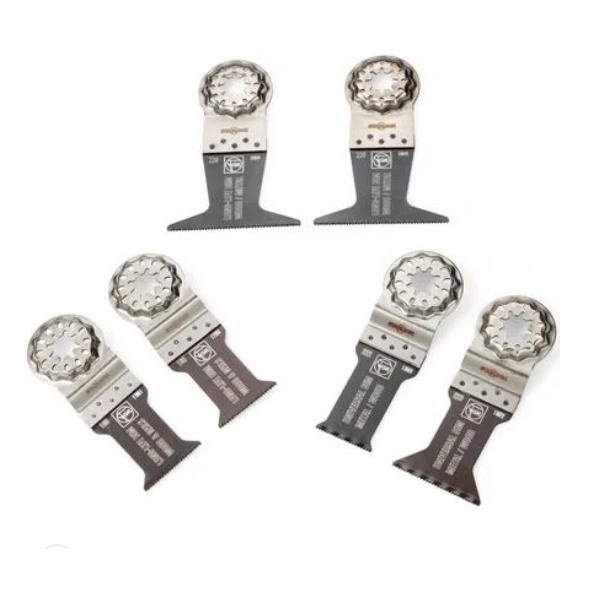 Six Fein 35222967010 Best Of E-Cut Starlock Wood & Metal Blades are shown with metallic, gear-like connectors and flat, wide cutting edges, arranged in two rows on a white background.