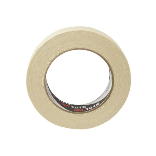 A side view of a 3M 101E General Purpose Masking Tape roll (25mm x 50m) shows its circular shape, layers of tape, and visible cardboard core.