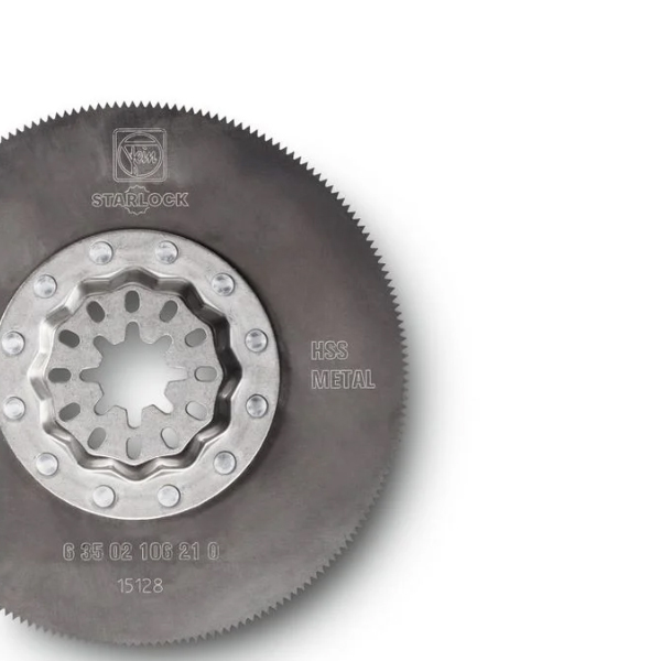 A circular metal saw blade with a serrated edge and star-shaped mounting hole, from the Fein 35222967010 Best Of E-Cut Starlock Wood & Metal Blades range, designed for compatible power tools.