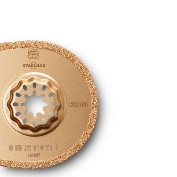 Gold-colored circular Fein 35222967010 Best Of E-Cut Starlock Wood & Metal Blade with a star-shaped mounting hole and gritty edge for cutting or grinding. Markings are visible on the blade.