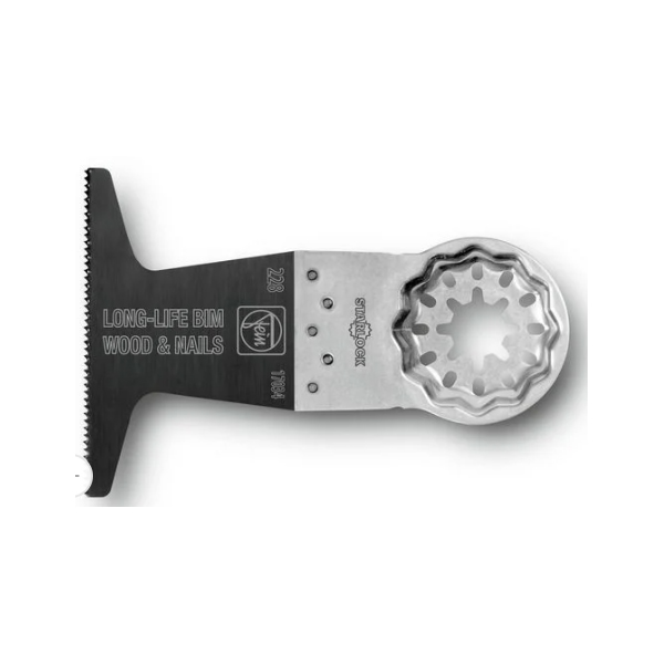 The Fein 35222967010 Best Of E-Cut Starlock Wood & Metal blade features a serrated edge and a star-shaped Starlock mounting hole for attachment, designed for long life when cutting wood and metal.