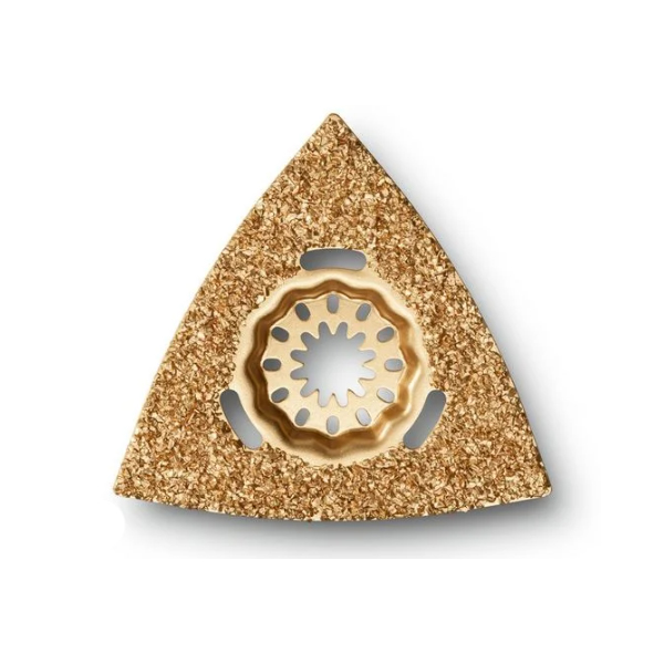 The Fein 35222967010 Best Of E-Cut Starlock Wood & Metal Blades features a triangular, gold-colored blade with a textured surface and a gear-notched circular center for E-Cut Starlock systems.