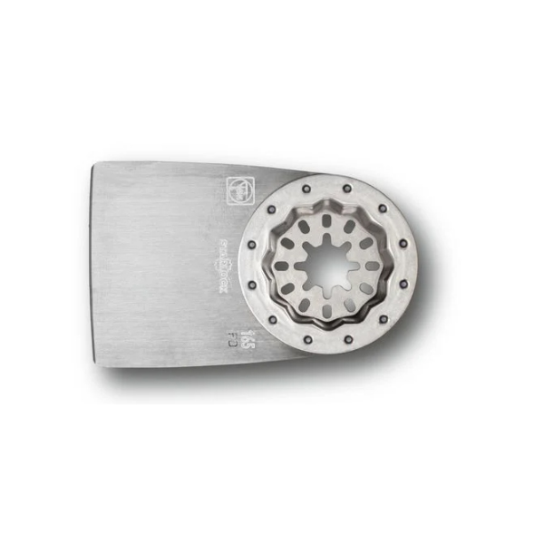 The Fein 35222967010 Best Of E-Cut Starlock Wood & Metal Blade is a silver, metal multi-tool blade with a flat, wide edge, star-shaped mounting hole, engraved markings, and logo.