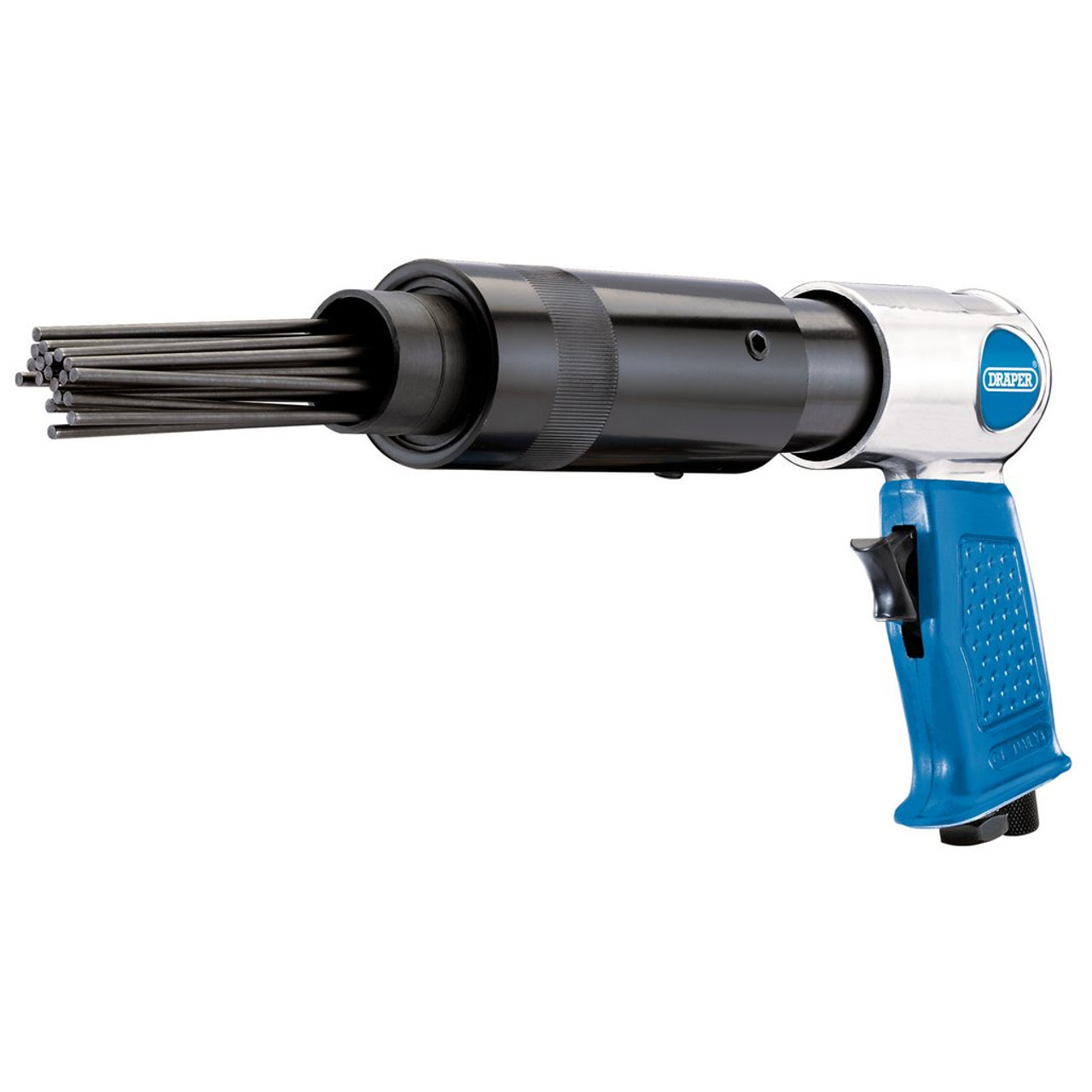 A handheld pneumatic needle scaler tool with a blue handle, black cylindrical body, and multiple thin metal rods extending from the front.
