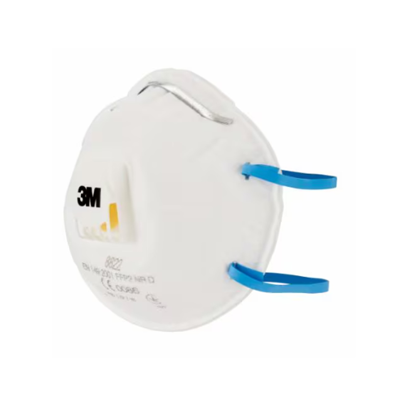 A pack of 10 3M™ 8822 Valved Face Masks is shown angled to display the blue elastic straps and yellow exhalation valve.