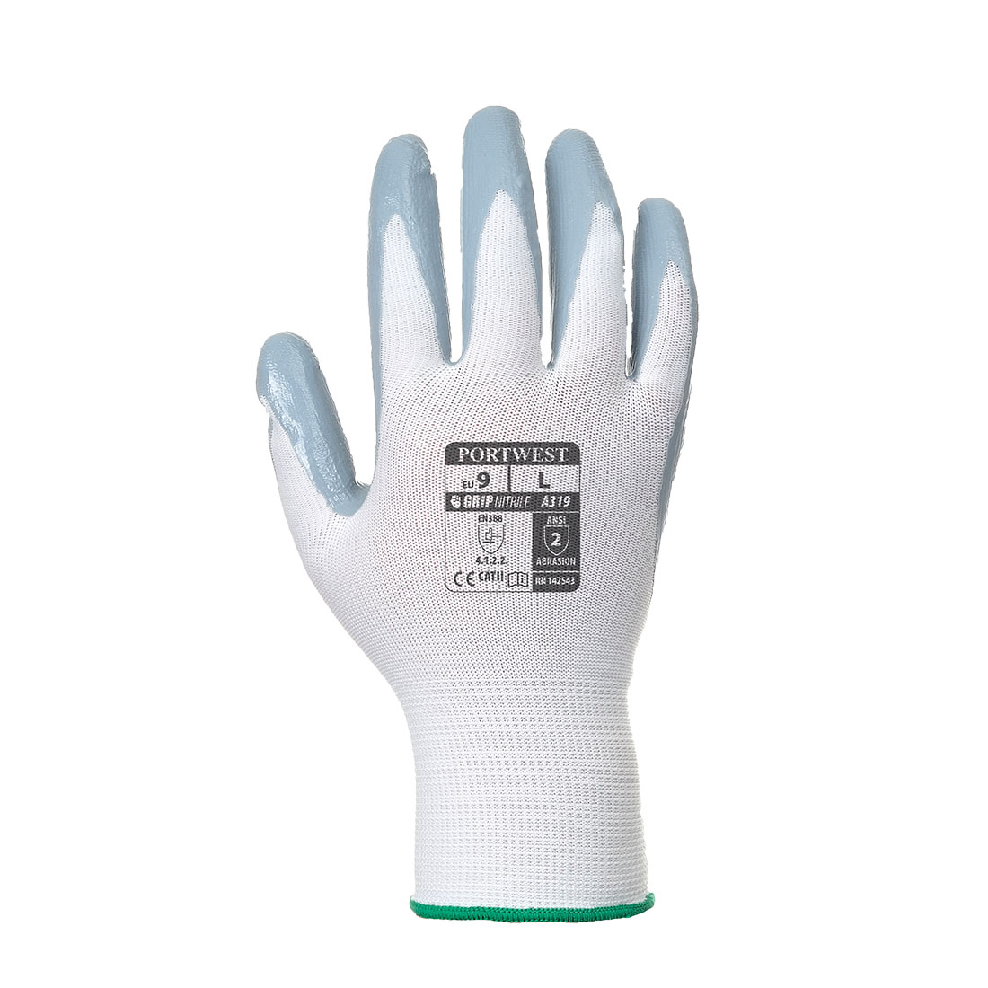 The Portwest A319 - Flexo Grip Nitrile Glove is white with a light blue palm and finger coating, green wrist trim, and PORTWEST branding along with size and certification markings on the back.