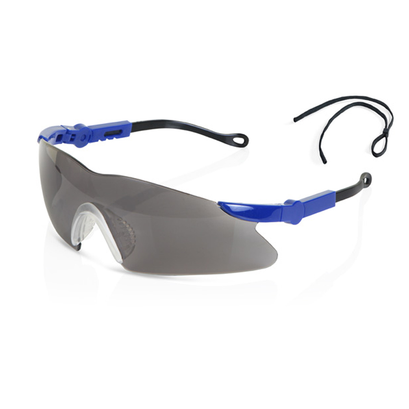 Gray-tinted safety glasses with blue and black arms and an attached black adjustable strap, designed for eye protection.