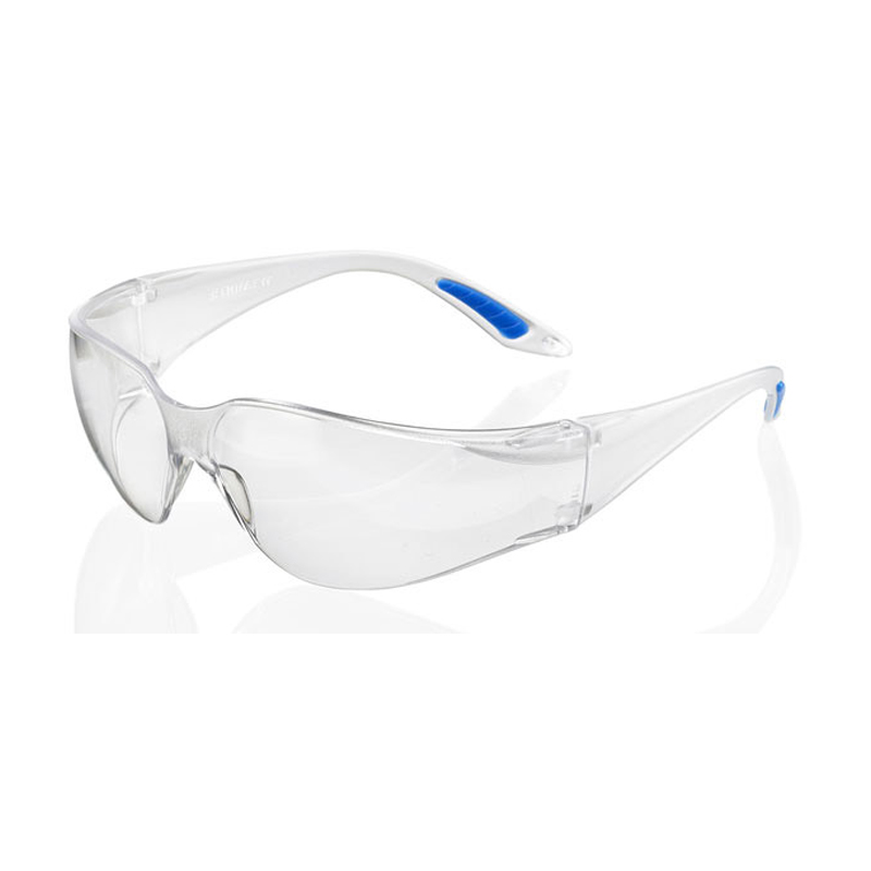 Clear safety glasses with curved lenses, transparent frames, and blue rubber grips on the arms, shown on a white background.