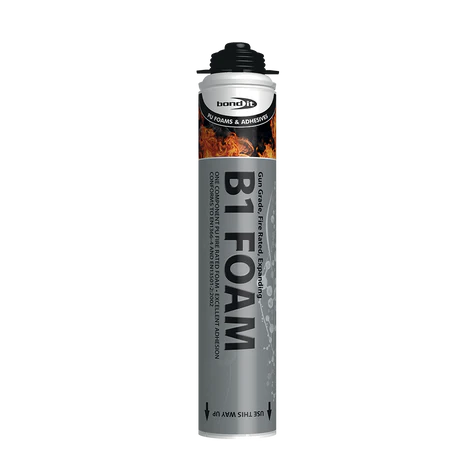 A tall silver canister labeled Bond-It B1 Fire Resistant Expanding PU Foam, with black and orange accents and a black cap, is ideal for safe PU foam applications requiring fire resistance.