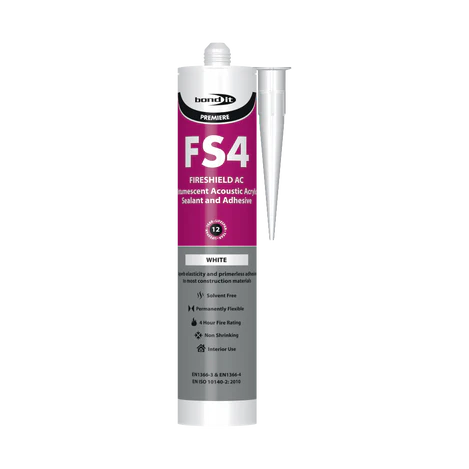 A tube of Bond-It FS4 Fireshield AC Acrylic Intumescent Acoustic Sealant and Adhesive in white, with a pointed nozzle attached to the side. The label features product details and icons.