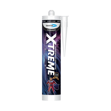 A tube of Bond-It Xtreme Premium Grade Anti-Mould Acetoxy Silicone Sealant with Fungicide, White, featuring a white nozzle and bold design. Offers durable anti-mould and fungicide protection for lasting use.