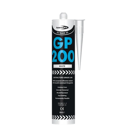 A tube of Bond-It GP200 Contractors Grade LMA General Purpose Acetoxy Silicone Sealant with Fungicide, White, featuring an attached nozzle. The product is mold-resistant and suitable for both internal and external use.