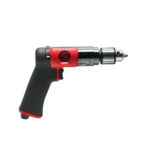 The Chicago Pneumatic CP9790C 3/8 (10mm) Pneumatic Drill is a red and black handheld power tool with a pistol grip handle, trigger, and 3/8 metal chuck for drill bits.