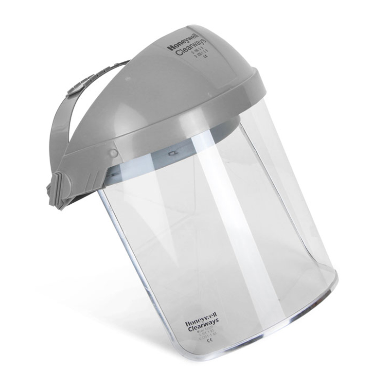 A clear plastic face shield with a gray adjustable headband, designed for protection. The shield is made by Honeywell Clearways and covers the entire face.