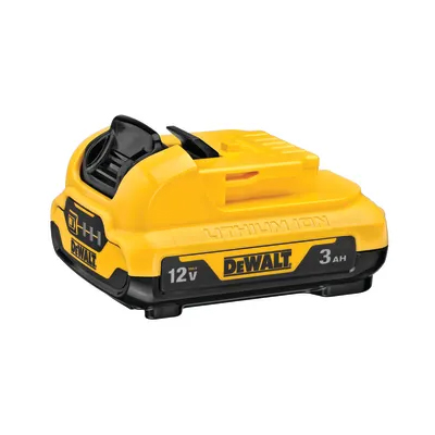 A yellow and black DeWalt 12V 3Ah rechargeable lithium-ion battery pack, featuring a top grip handle and brand logo on the side.