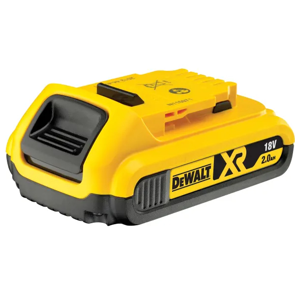 A yellow and black DeWalt DCB183 XR Slide Battery Pack 18V 2.0Ah Li-ion is displayed on a white background.