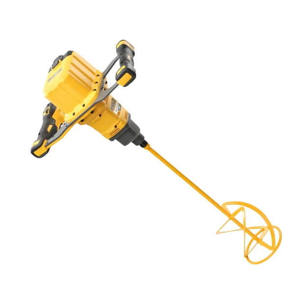 The DeWalt DCB183 XR Slide Battery Pack 18V 2.0Ah Li-ion powers a yellow electric handheld mixer with a long paddle, ideal for blending paint, plaster, or cement. The device features two ergonomic handles for an easy grip.