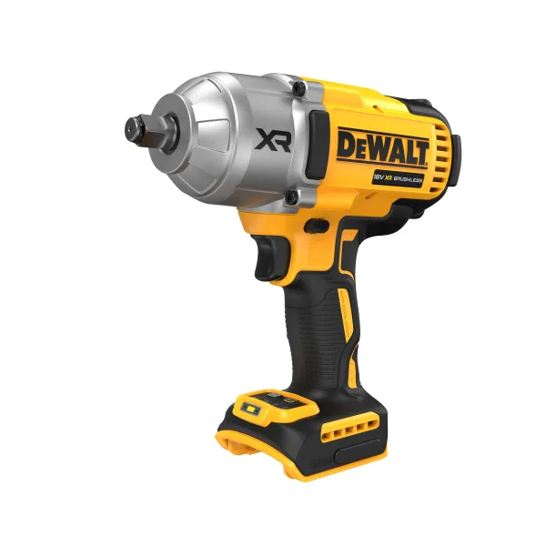 A DeWalt XR cordless impact wrench with a yellow and black body, silver metal head, and no battery attached at the base.