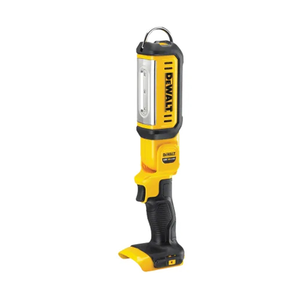 A yellow and black DEWALT cordless LED work light with a pistol grip, hanging hook, and rectangular front panel, powered by an 18V Li-ion battery such as the DeWalt DCB183 XR Slide Battery Pack 18V 2.0Ah.