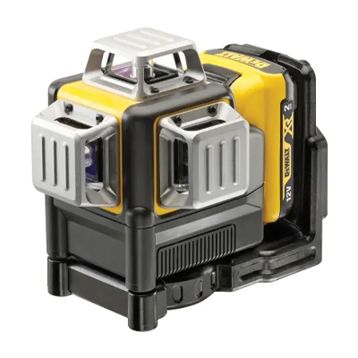 A yellow and black DeWalt laser level tool with three projection windows and a battery pack attached, designed for precise leveling and alignment tasks.