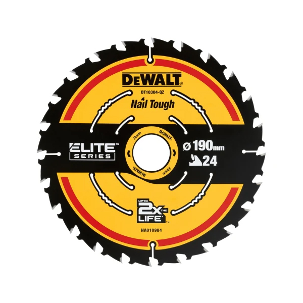 A circular DeWalt saw blade from the Elite Series, labeled Nail Tough, with a diameter of 190mm and 24 teeth. It features a yellow and black design.
