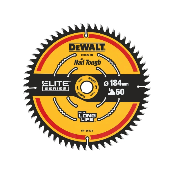 A circular DeWalt saw blade with 60 teeth, labeled Nail Tough, Elite Series, Long Life, and measuring 184mm in diameter. The blade is primarily black and yellow with bold text.