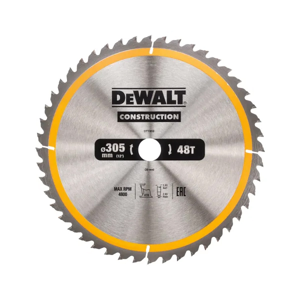 A circular DeWalt construction saw blade with 48 teeth, 305 mm diameter, silver with a yellow ring near the edge, and black printed labeling at the center.