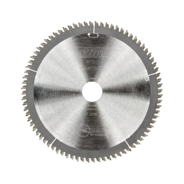 A circular saw blade with sharp, evenly spaced teeth around the edge and a central hole for mounting, designed for wood cutting by DeWalt.