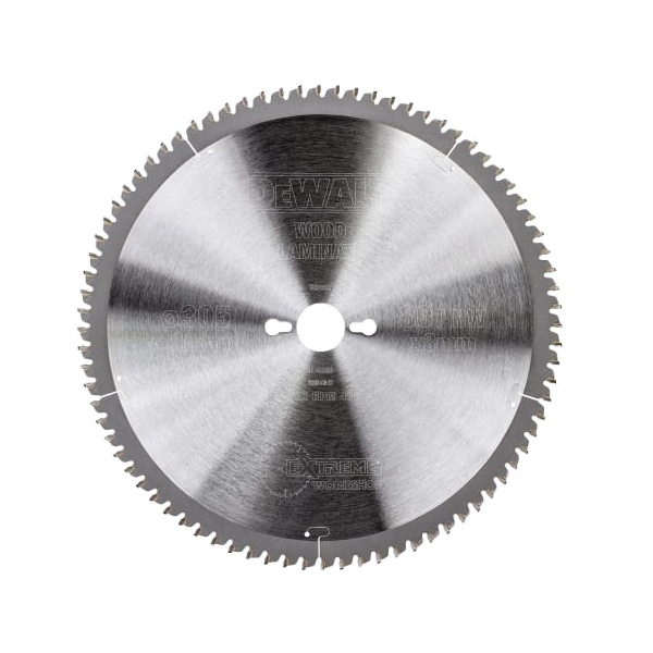 A circular saw blade with sharp, evenly spaced teeth around the edge, made of shiny metal. The center has a hole for mounting, and faint text is visible on the blade surface.