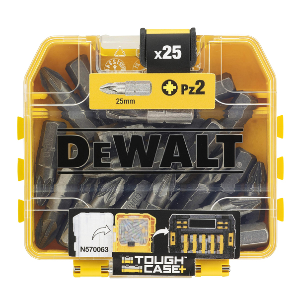 The DEWALT DEWDT71521QZ PZ2 25mm Standard Tic Tac Pack of 25 features a yellow case with a clear front cover and contains 25 screwdriver bits.