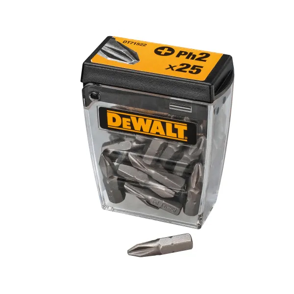 A clear, Tic Tac-style plastic box with yellow and black DeWalt branding contains 25 DEWDT71522QZ PH2 25mm screwdriver bits, with one bit displayed in front.