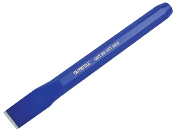 A blue cold chisel with a flat, sharp edge and the brand name Faithfull printed in yellow on the side.