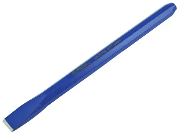 A blue flat cold chisel with a tapered end and a flat, sharp cutting edge, used for cutting or shaping metal or stone.