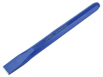 A blue, flat cold chisel with a beveled edge, used for cutting or shaping metal and other hard materials.