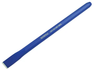 A blue steel flat chisel with a beveled edge and hexagonal handle, commonly used for cutting or shaping metal or stone.