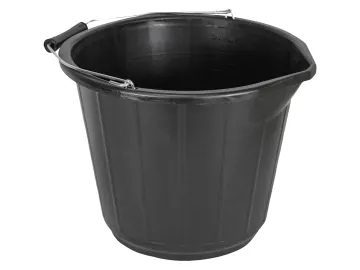 A black plastic bucket with a sturdy metal handle and a slight spout on one side, shown against a white background.