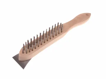 A wooden-handled wire brush with metal bristles and a flat metal scraper attached at one end, isolated on a white background.