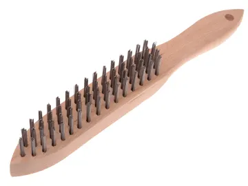 A wooden-handled wire brush with stiff metal bristles, used for cleaning or removing rust from surfaces.