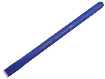 A blue, hexagonal cold chisel with a flat, beveled edge on one end and a blunt end on the other, used for cutting metal or stone.