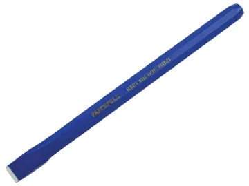 A blue cold chisel with a flat, beveled cutting edge on one end and a hexagonal body.